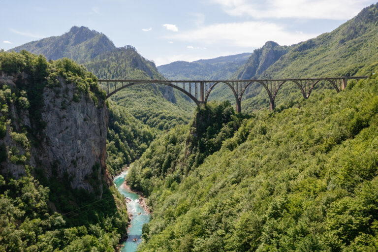Aerial view on Djurdjevica arch bridge over the Tara River in northern Montenegro