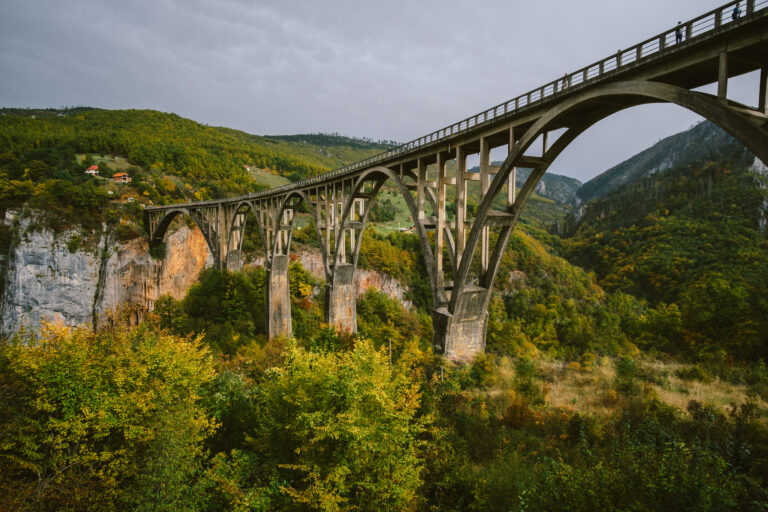 Durdevica Tara arc bridge in the autumn mountains, Montenegro.